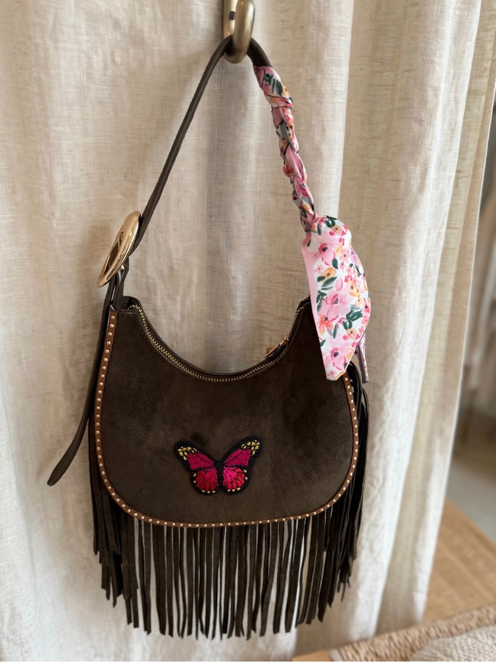 Universal Thread Brown Suede Fringe Shoulder Bag with Pink Butterfly Accent